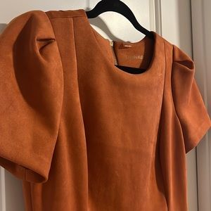 Calvin Klein dress orange suede flattering cut just above knee zip in back